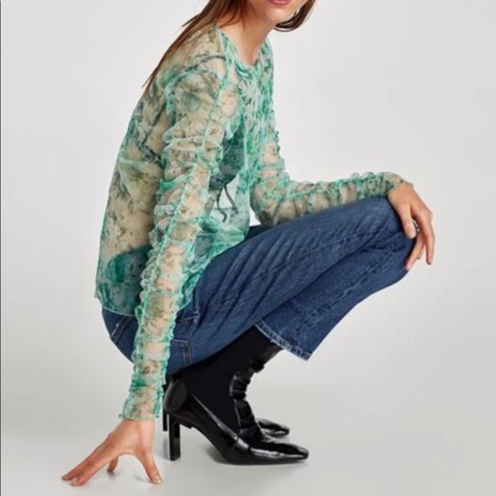 NEW Zara | Tulle Sheer Green Floral Top | Small - Picture 1 of 8